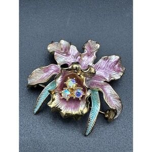 Vintage GRAZIANO Enamel/Rhinestone ORCHID Flower Brooch